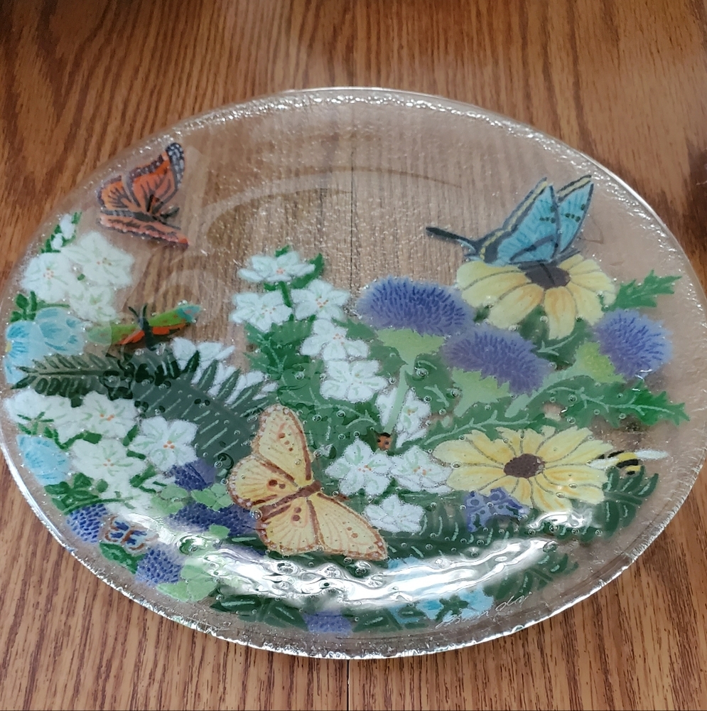 Pggy Karr Infused Art  Floral and Butterfly Glass Plate